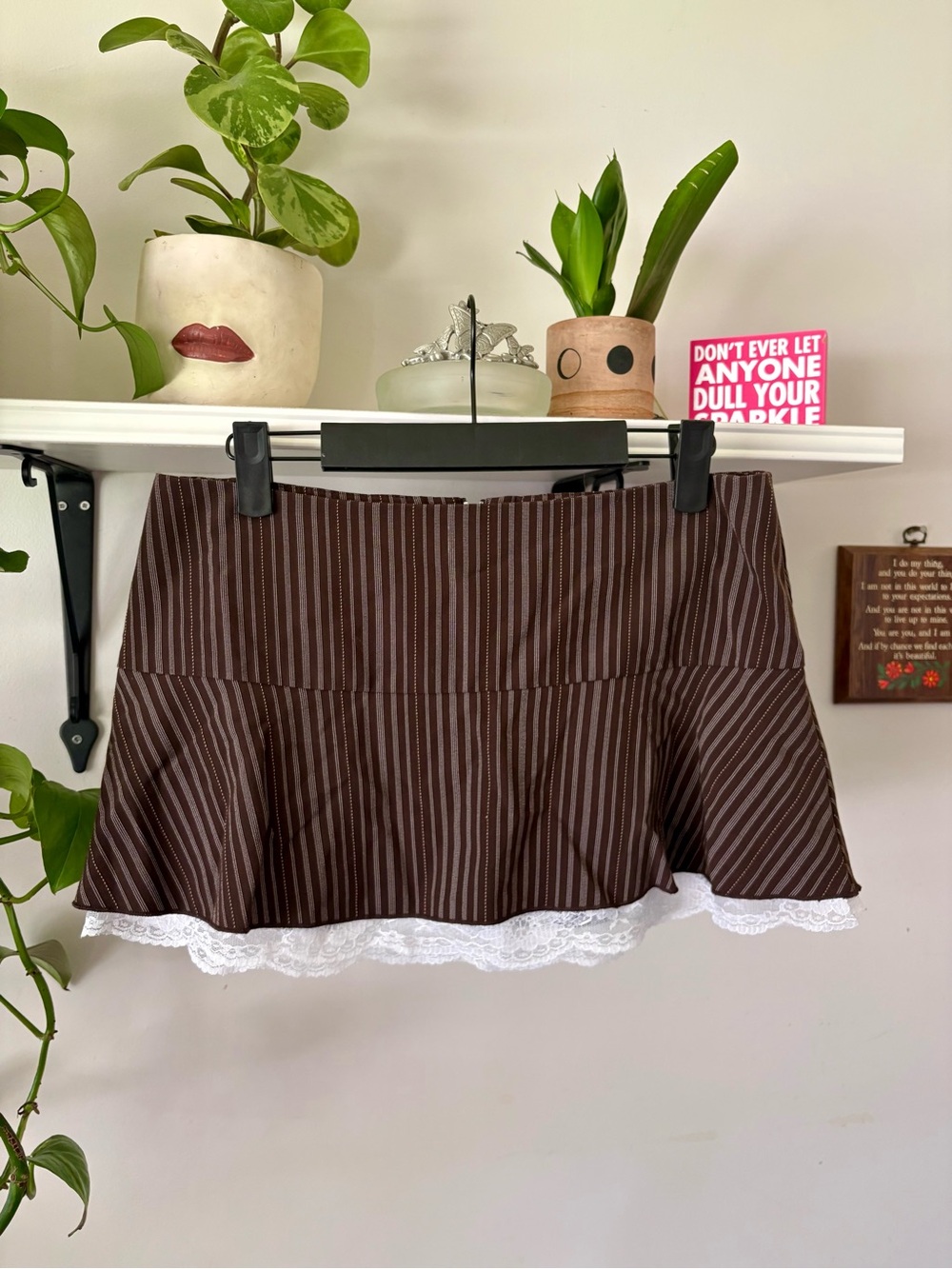 Brown Striped Mini Skirt with Lace Trim